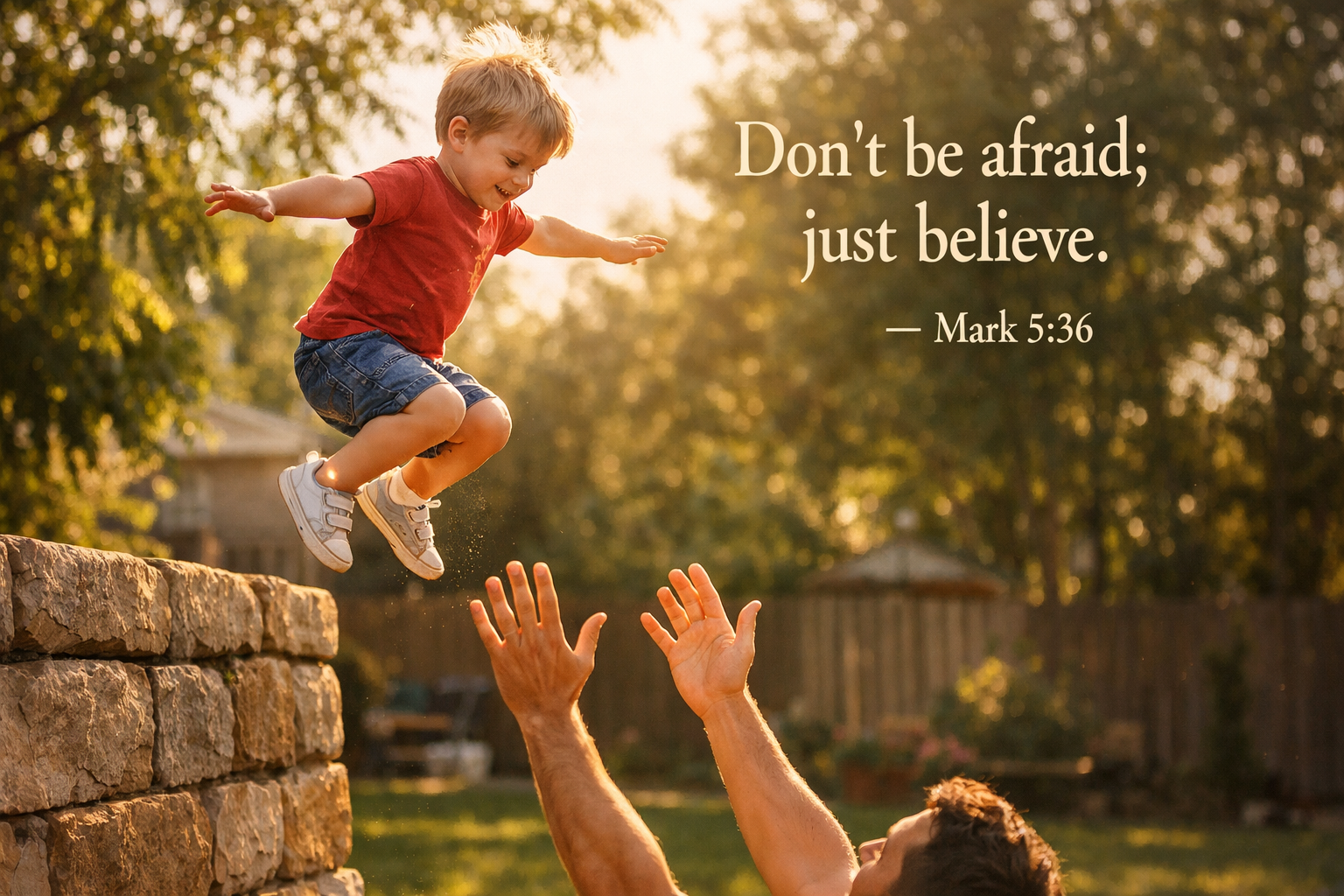 Mark 5:36 Bible verse wallpaper - Don't be afraid just believe - child leaping to parent in garden